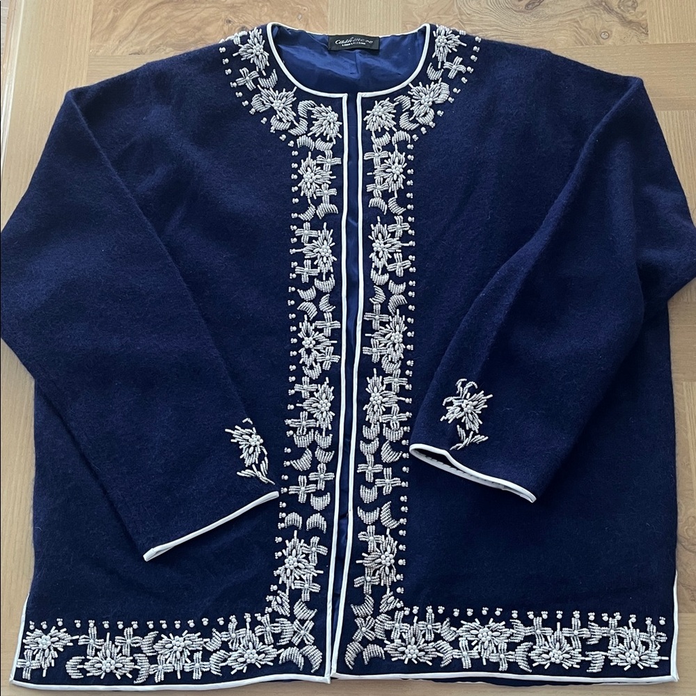 Cashmere Navy Blue Embroidered white pearl beads Cardigan